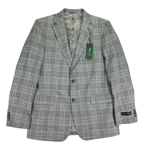 Tommy Hilfiger Mens TH Flex Modern Fit Plaid Windowpane Sport Coat Gray Blue 44L - Picture 1 of 5